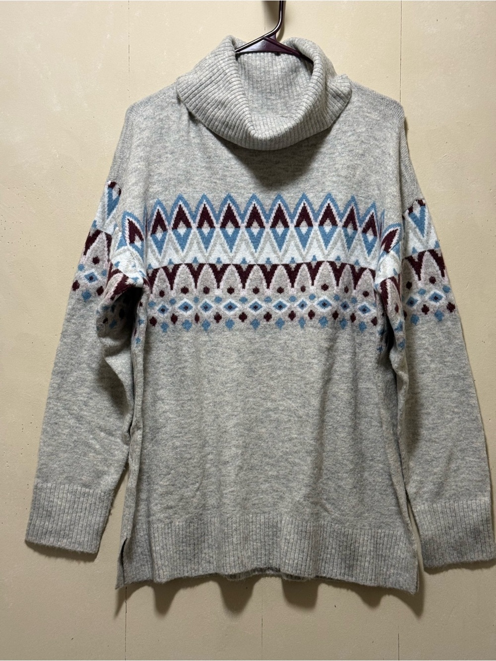 Loft Gray Fair Isle Mock Turtle Neck Soft Knit Tunic Sweater Women’s Sz L
